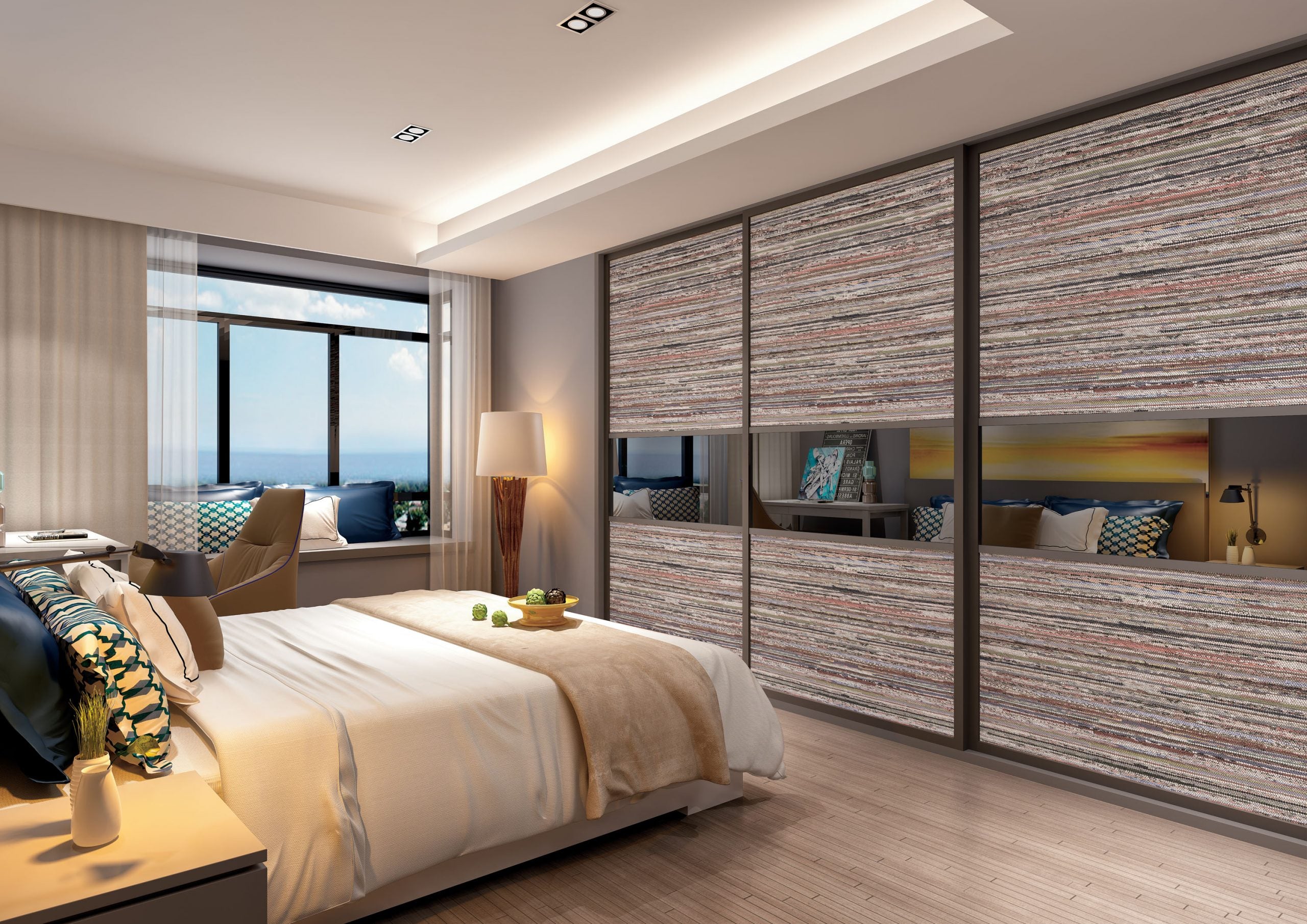 Multicolored fabric laminate with striped pattern and matte finish used on bedroom wall and wardrobe doors in modern