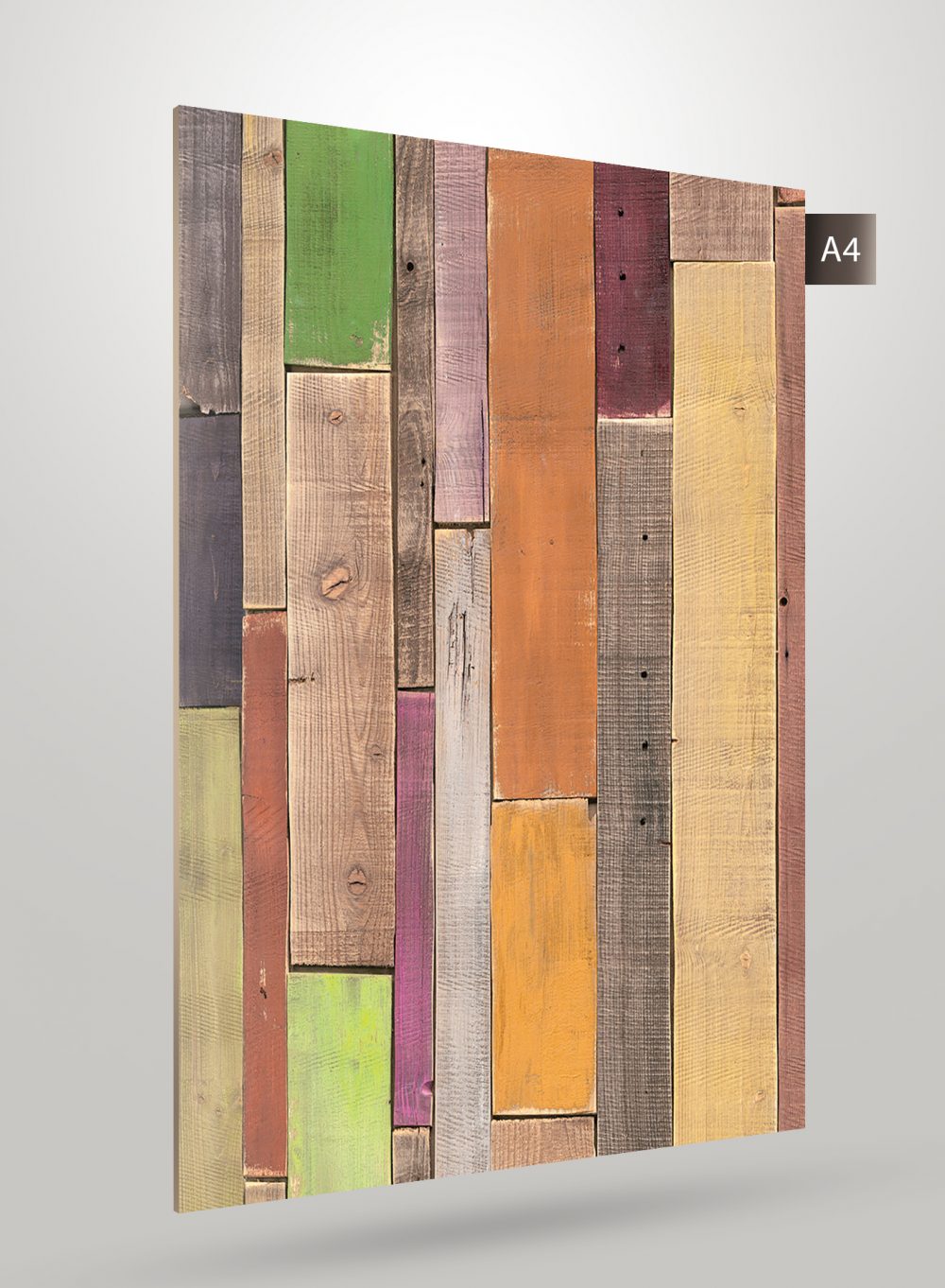 Multicolored patterned laminate with matte finish and wood grain texture, featuring varied rectangular planks in different