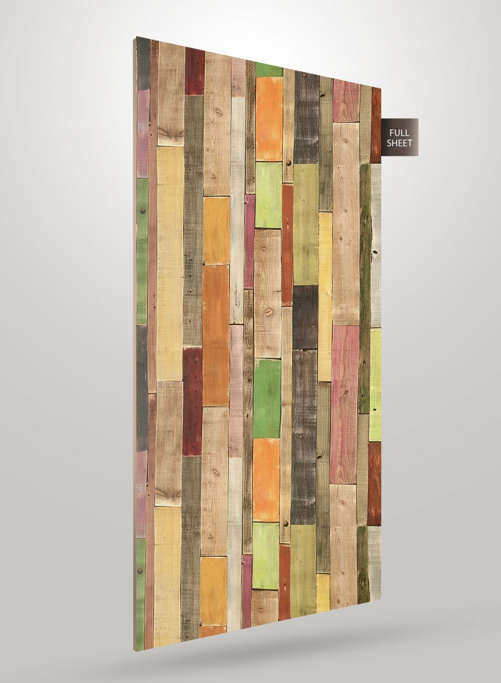 Multicolored patterned laminate sheet with matte finish and varied wood grain texture, labeled full sheet.