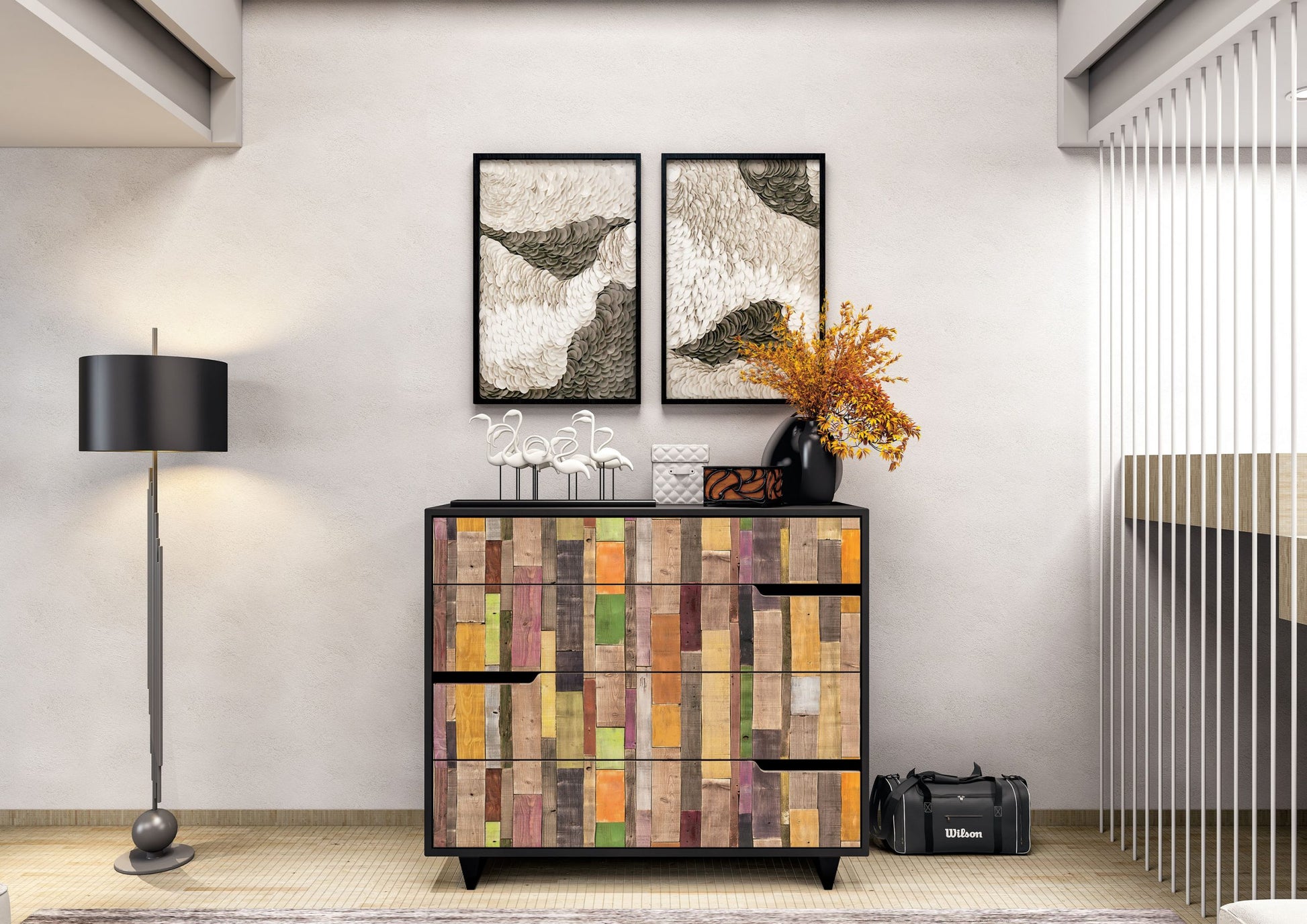 Multicolored patterned laminate dresser with matte finish and textured wood grain in a modern interior design setting.