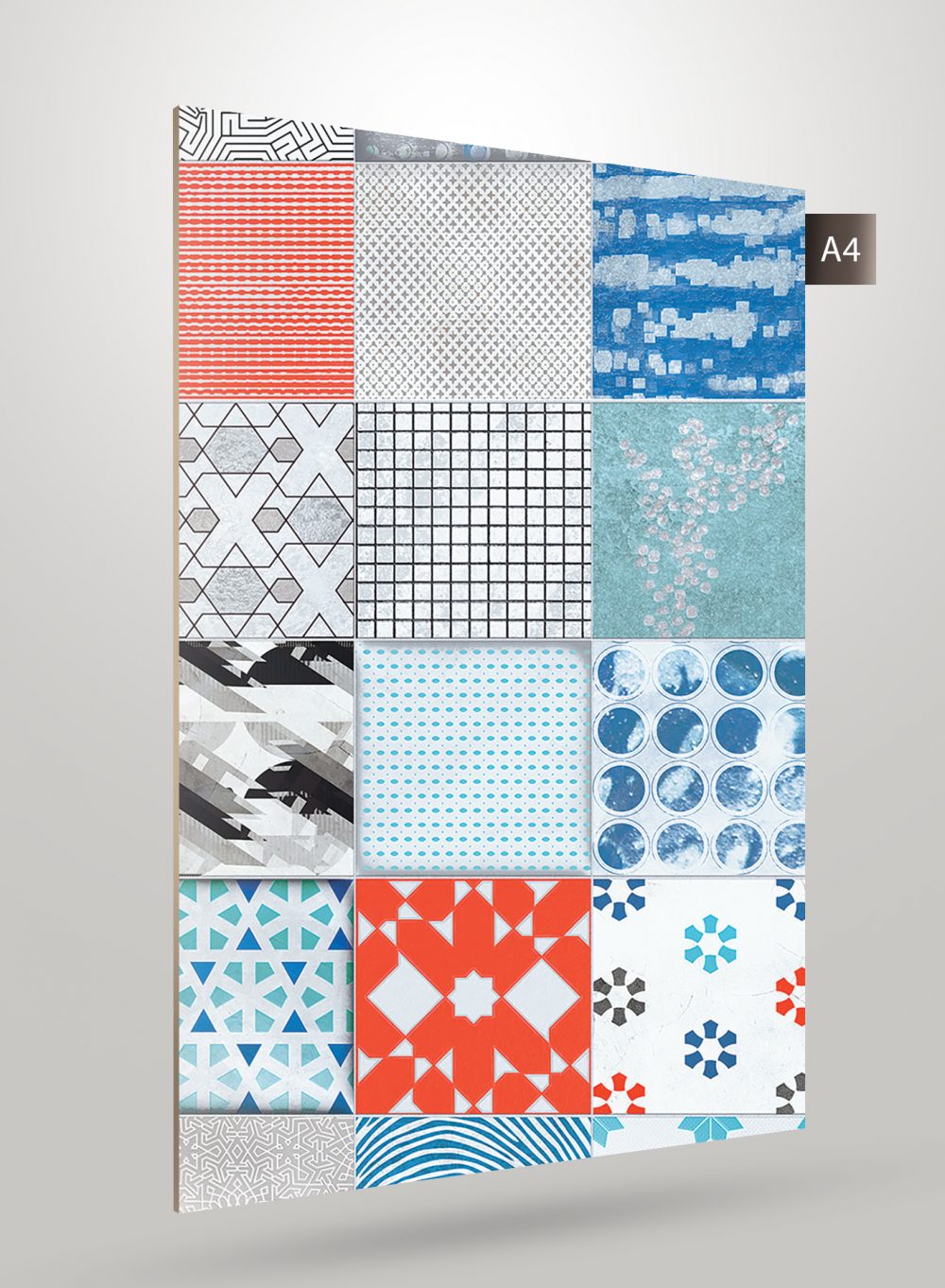 Geometric patterned laminate sheet with various designs and colors, showcasing different textures and finishes in a collage