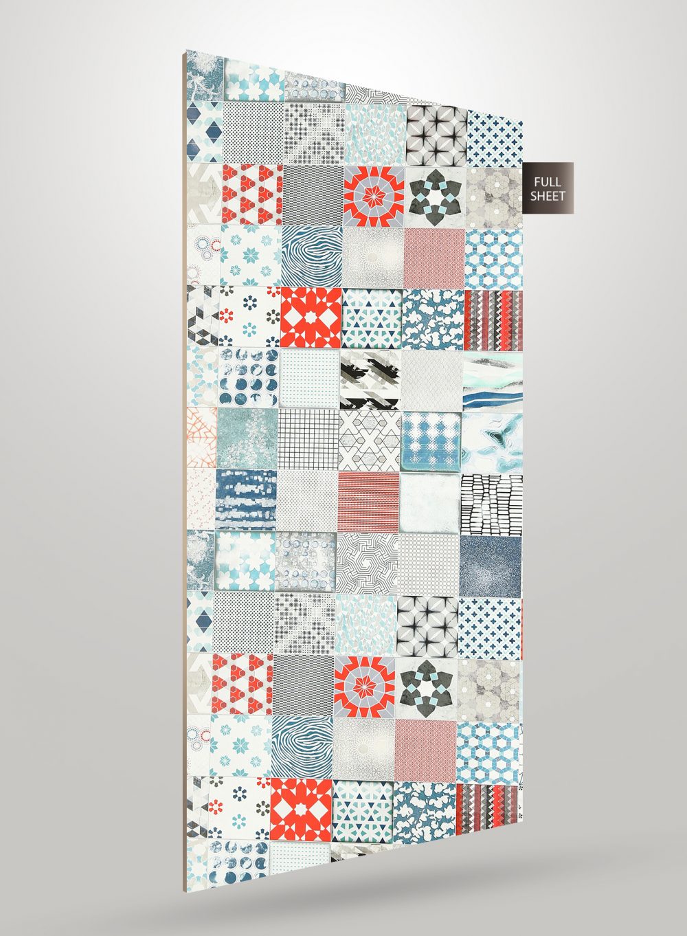 Multicolored patterned laminate sheet with various designs and a full sheet label on a grey background.