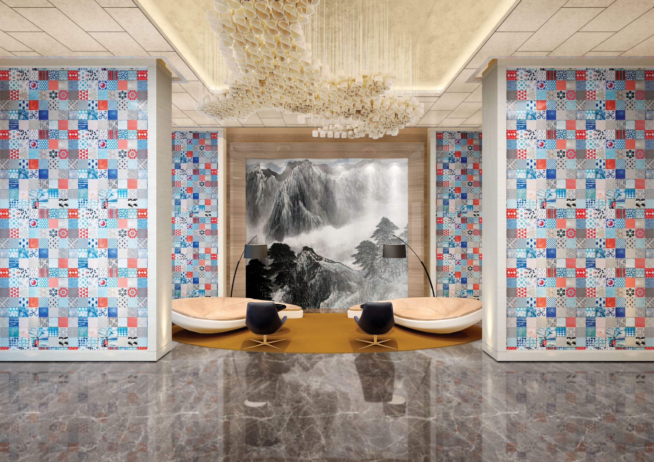 Multicolored patterned laminate wall decor in a modern room with marble floor and decorative chandelier.