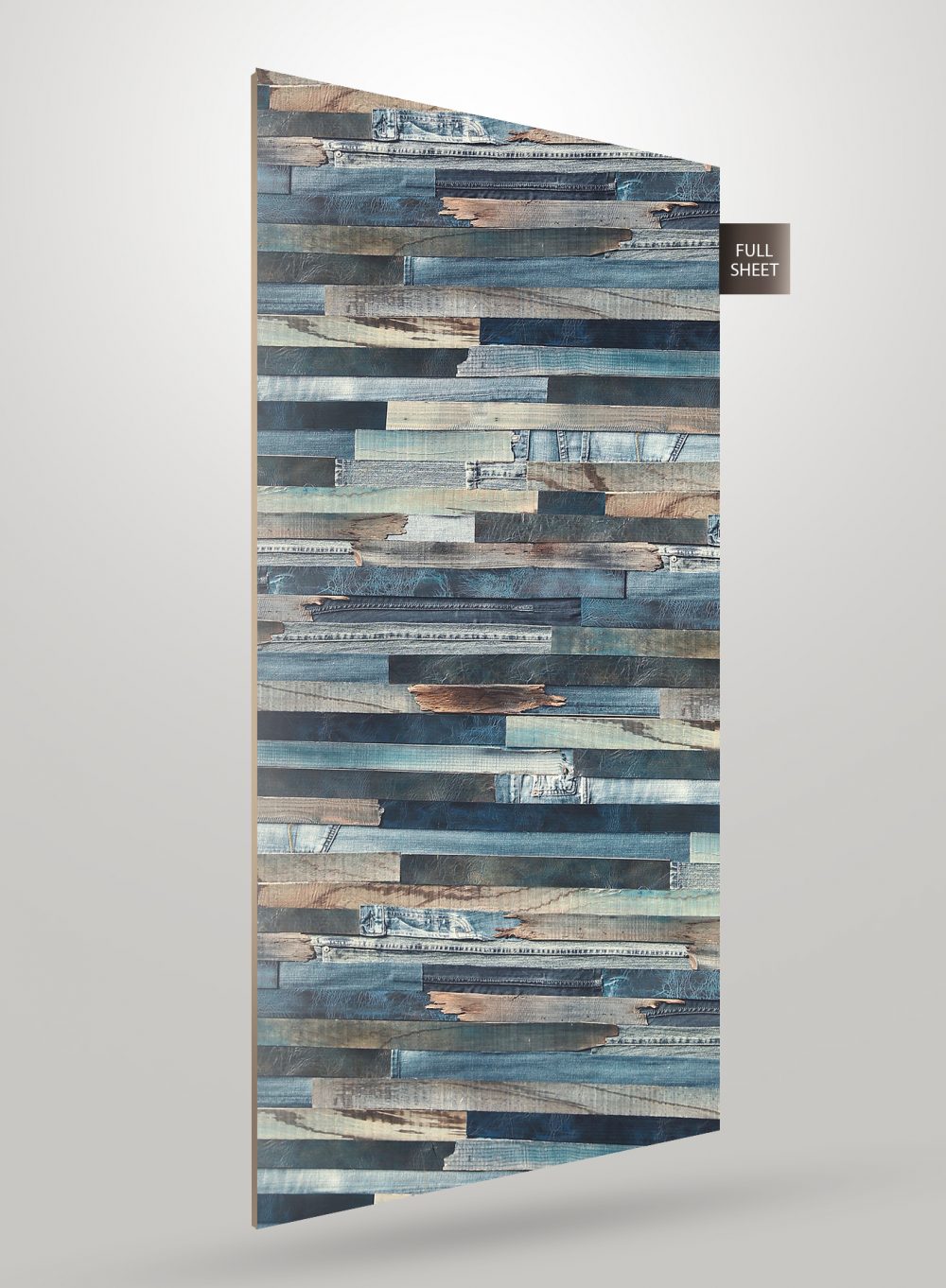 Blue and brown wood grain laminate sheet with textured finish and layered pattern, displayed at an angle.