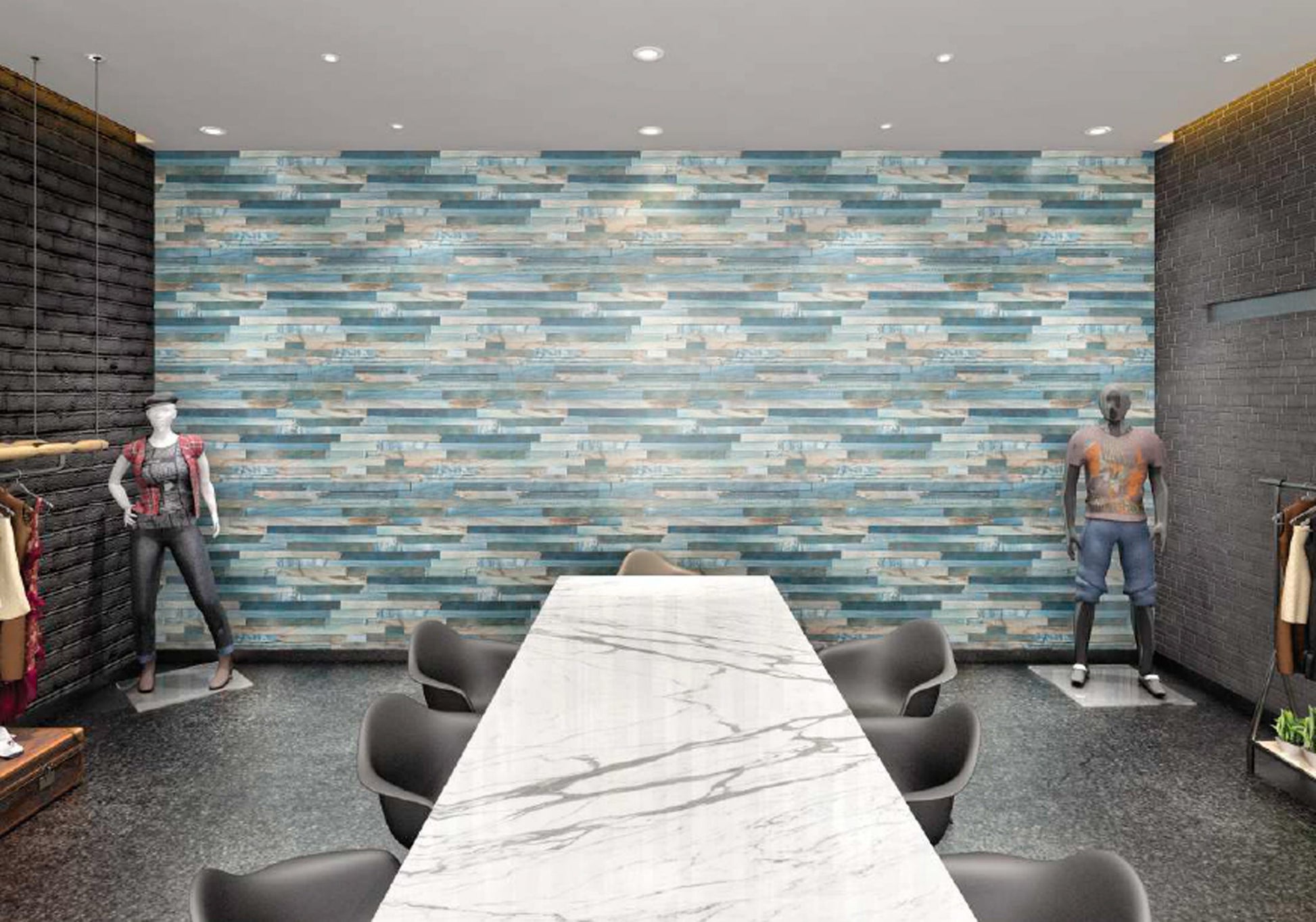 Blue wood laminate wall with horizontal planks in a modern room setting with mannequins and marble table.