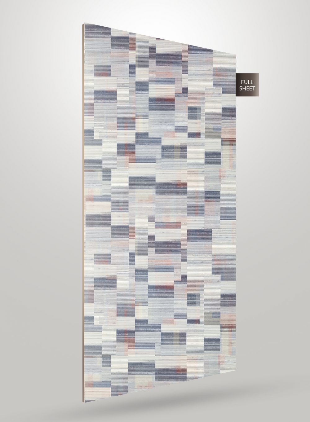 Multi-coloured abstract laminate sheet with geometric pattern, matte finish, and textured surface, labelled full sheet.