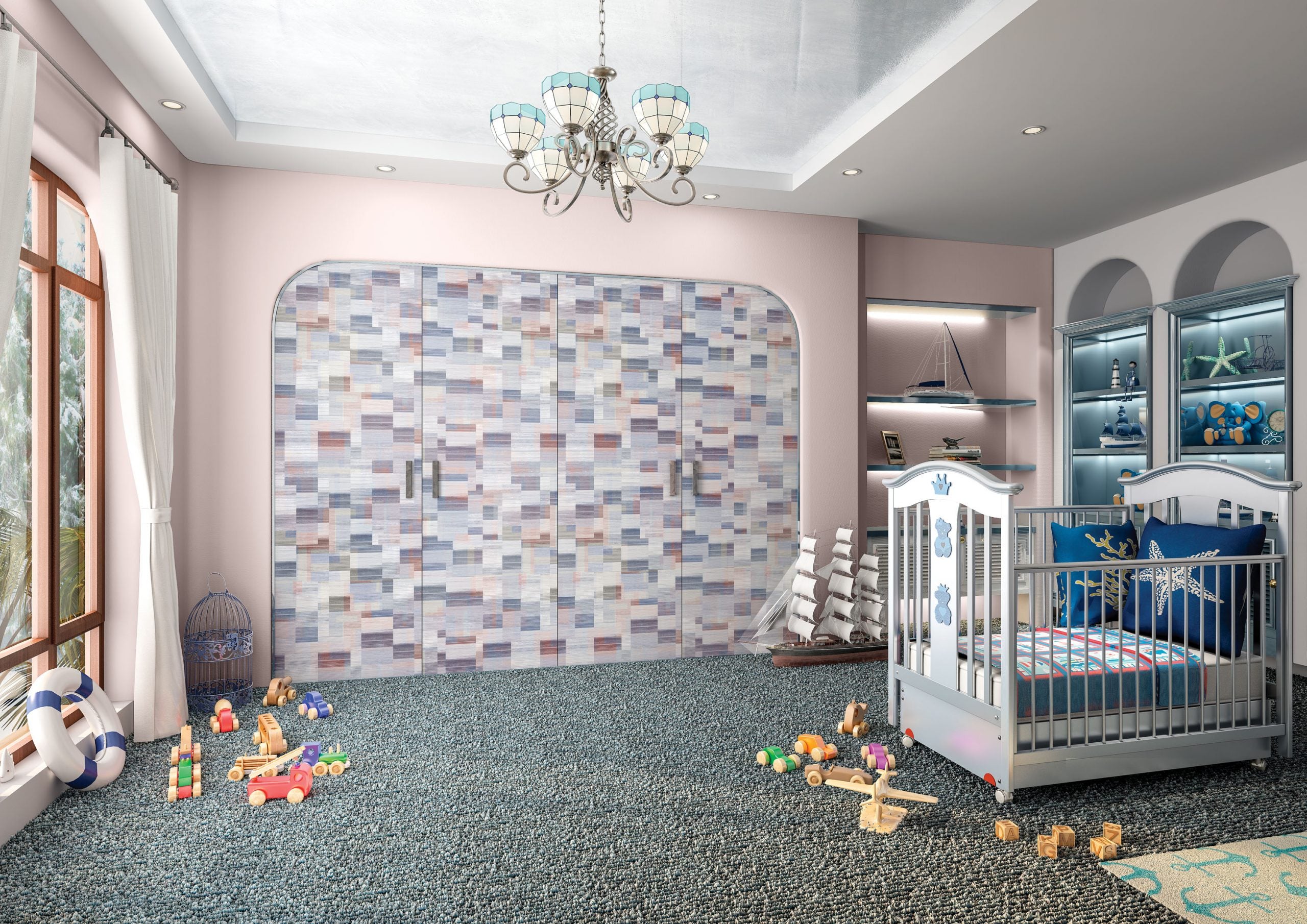 Multicolour mosaic laminate wardrobe in a nursery with toys and baby cot, showing matte finish and rectangular pattern.