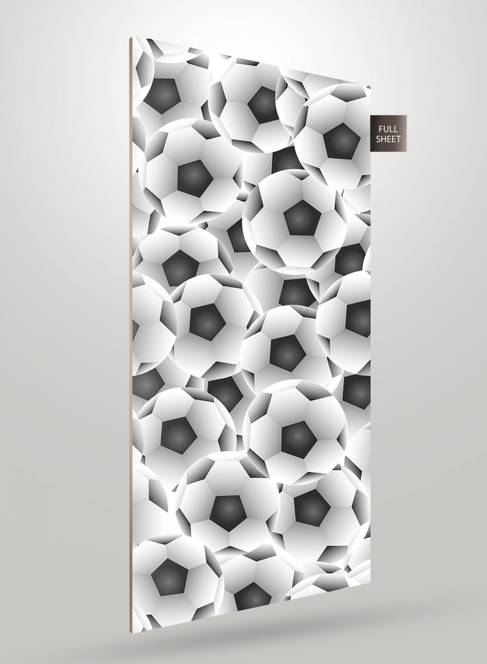 Multi-coloured soccer ball patterned decorative laminate with matte finish and 3D textured design on a full sheet.