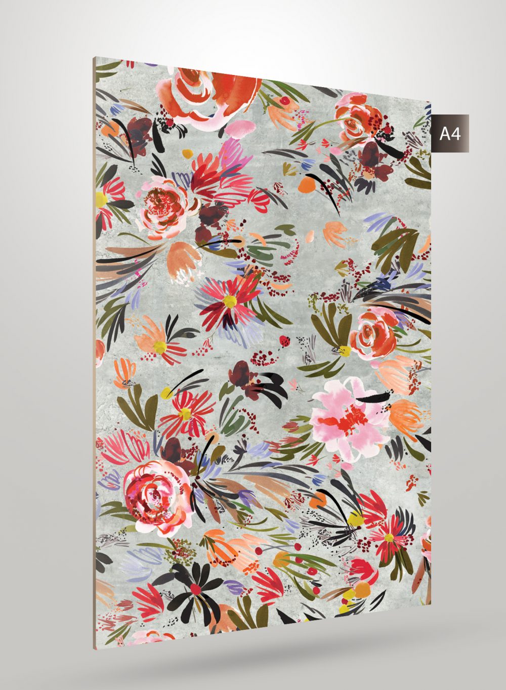 Multicolored floral patterned decorative laminate with matte finish and textured background, showcasing various flowers and