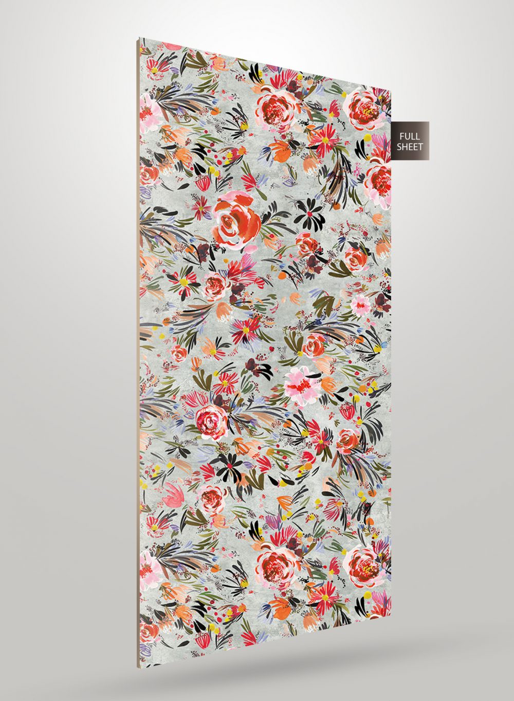 Multicolour floral patterned laminate sheet with matte finish and vibrant flowers on grey background displayed as full sheet.