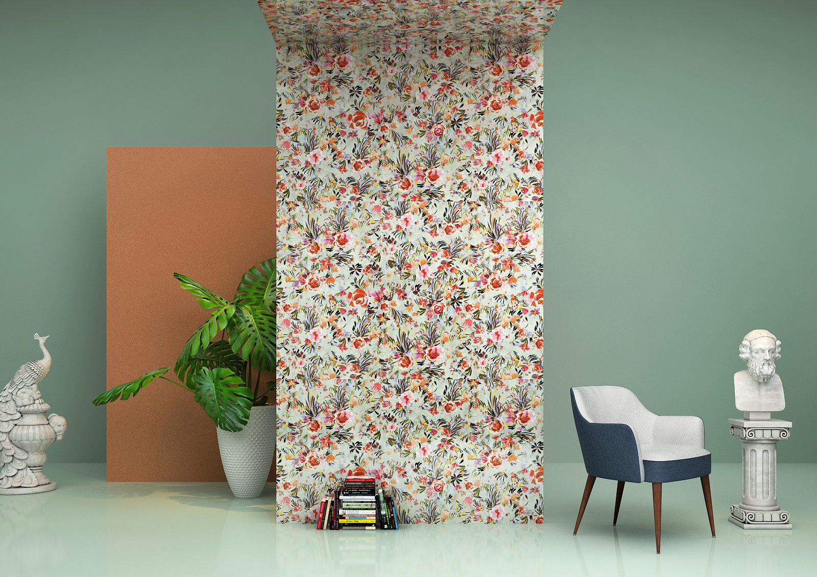 Multicolored floral patterned laminate with matte finish displayed in a room setting with decorative elements and furniture.