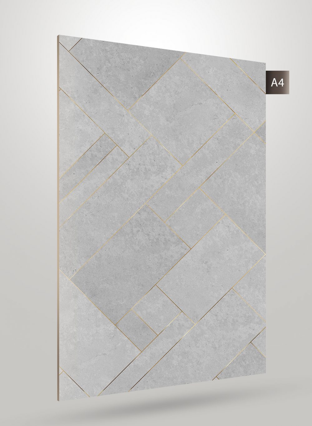 Grey stone laminate with diagonal pattern and gold inlays, matte finish, decorative design for interior use.