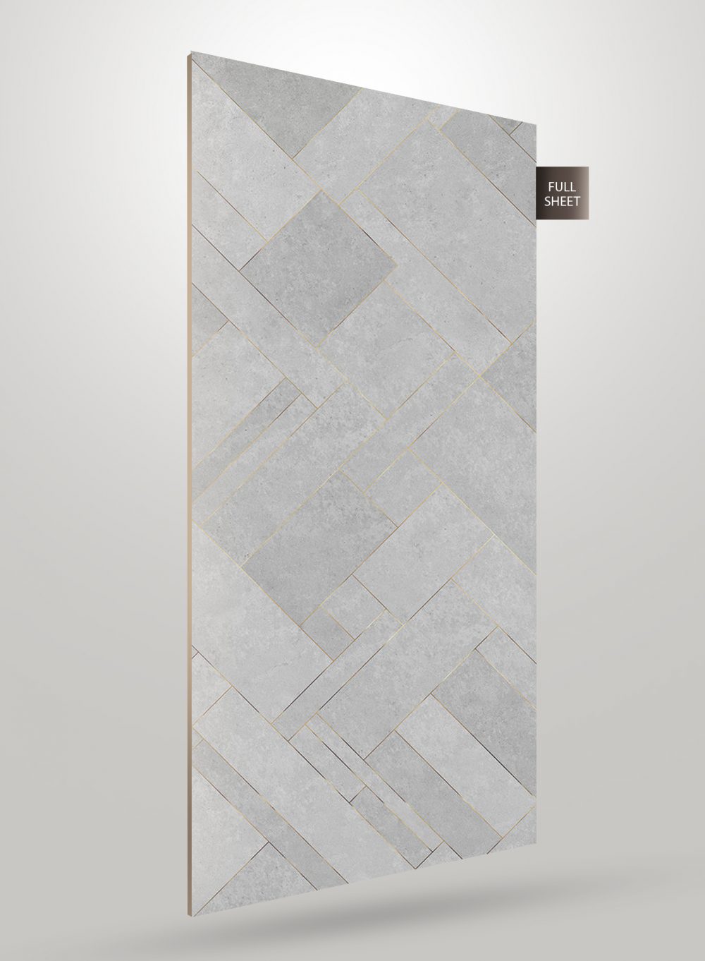 Grey herringbone pattern laminate sheet with matte finish and stone texture, displayed as full sheet with visible edges.
