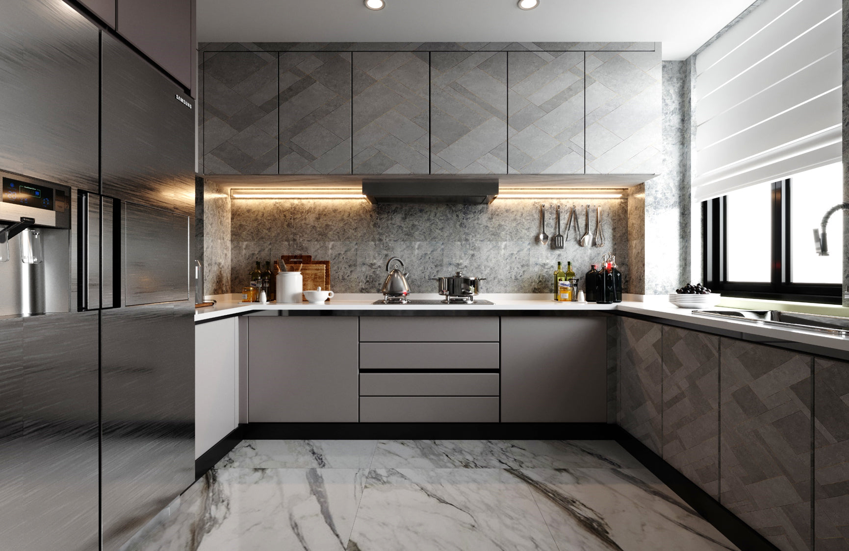 Grey marble laminate backsplash with herringbone pattern in modern kitchen with sleek cabinets and countertops.