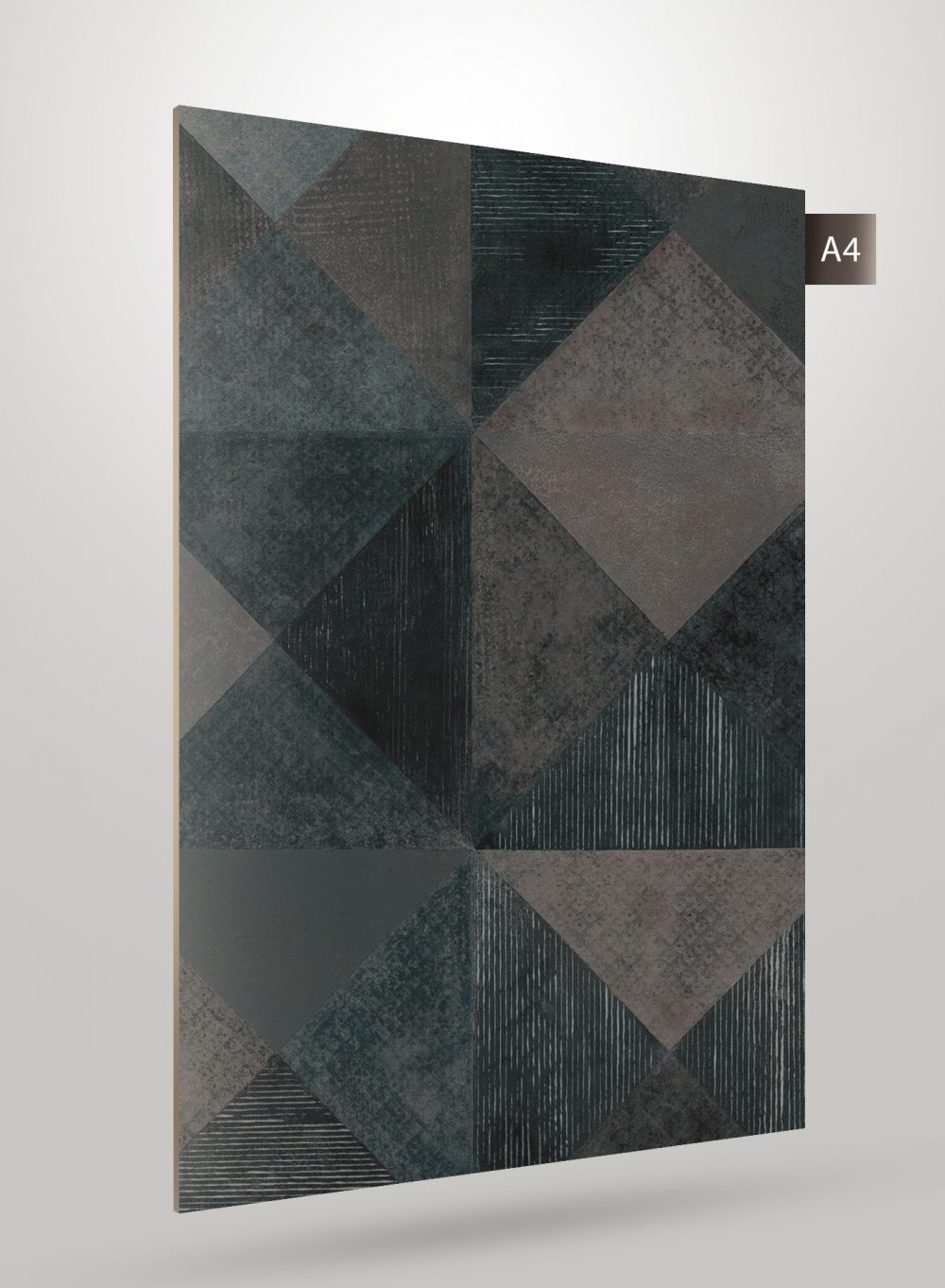 Green geometric patterned decorative laminate with matte finish and varied textures in diamond shapes and striped designs