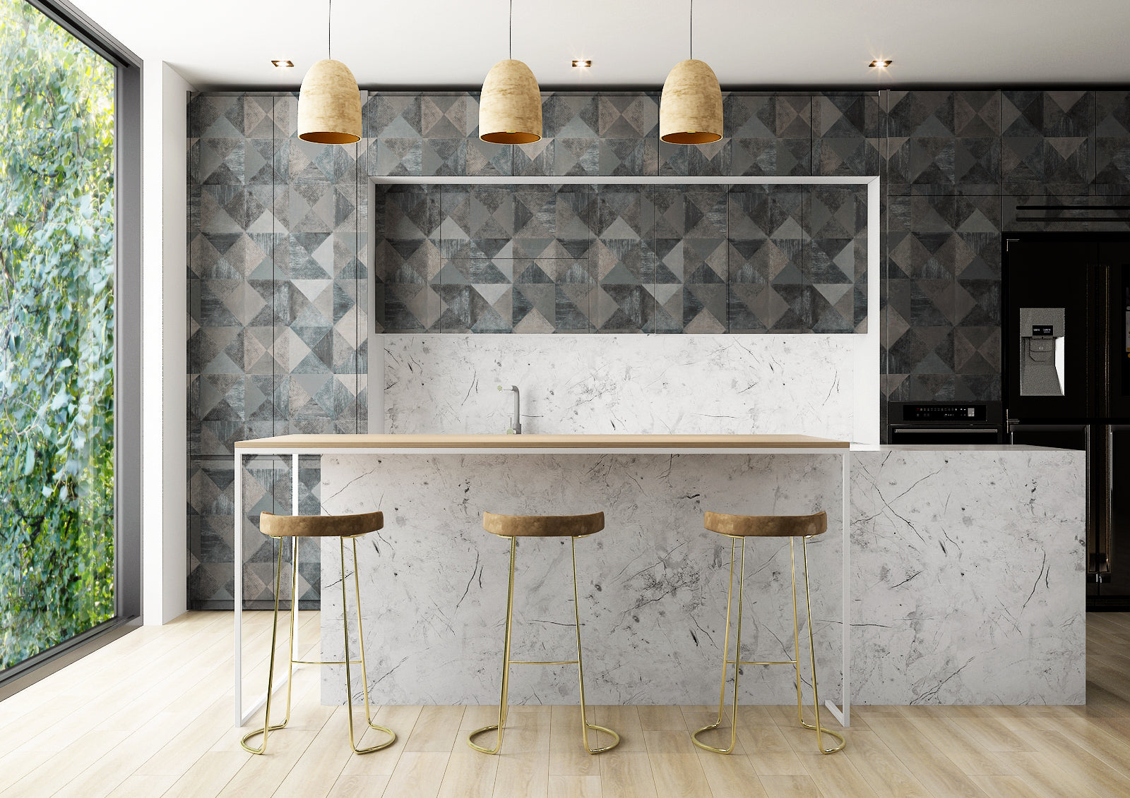 Geometric grey laminate kitchen wall and white marble counter, matte finish, modern interior design with gold accents and