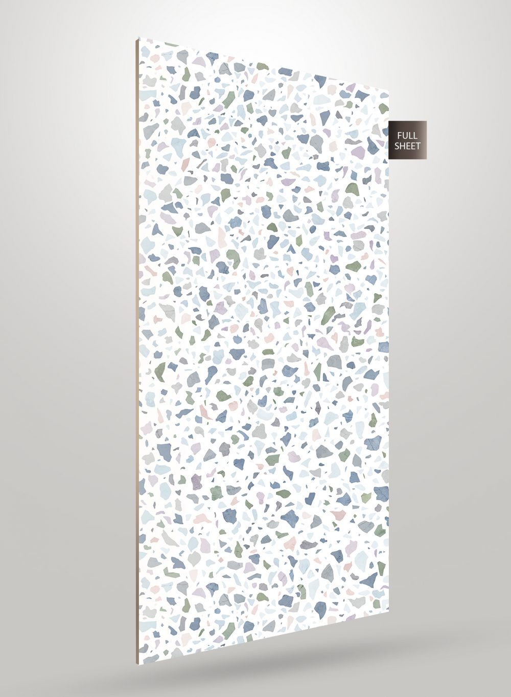Multi-coloured terrazzo patterned laminate sheet with matte finish and terrazzo design on white background.