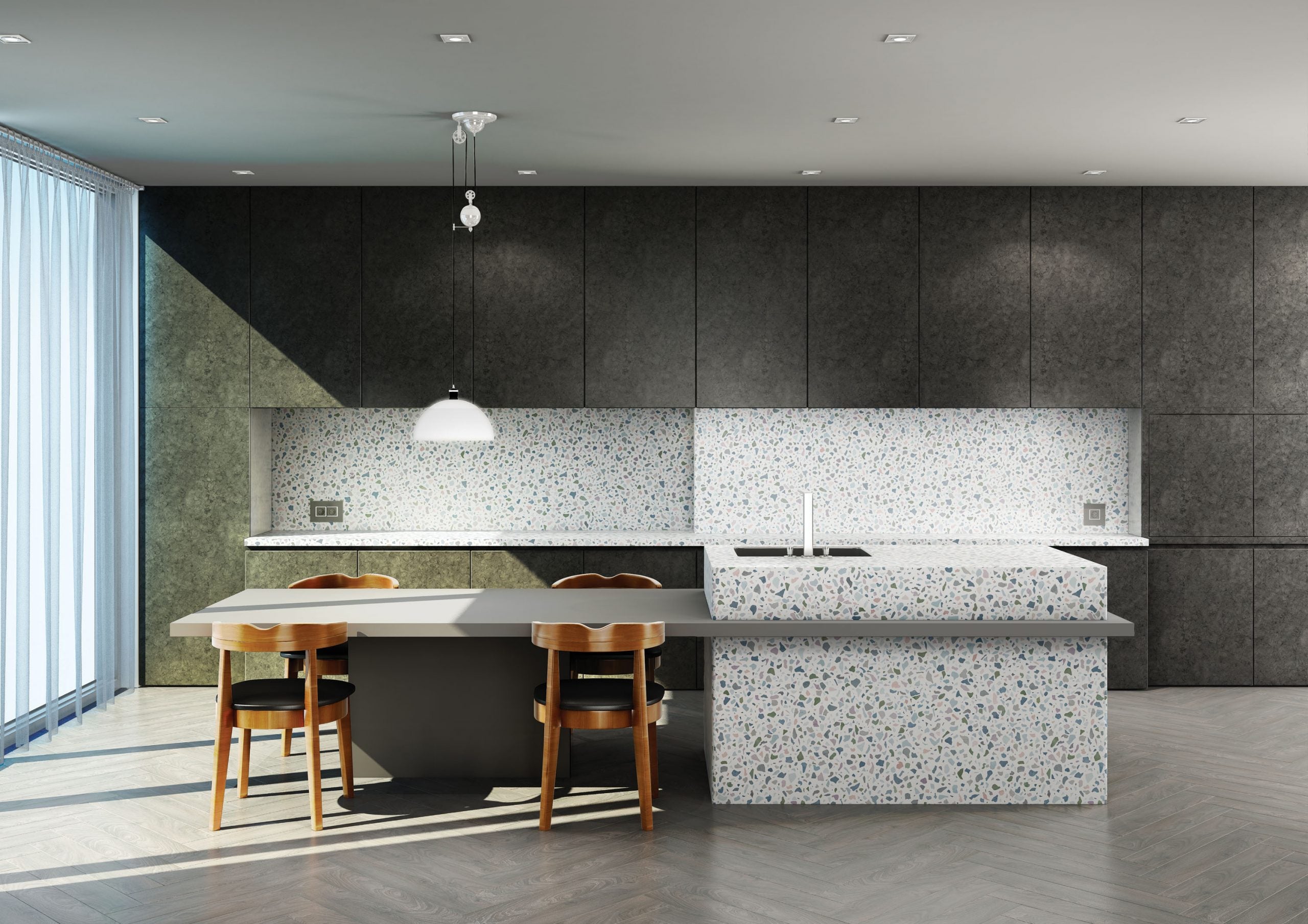 Dark grey matte laminate kitchen wall panels with subtle texture and speckled countertop in modern kitchen interior