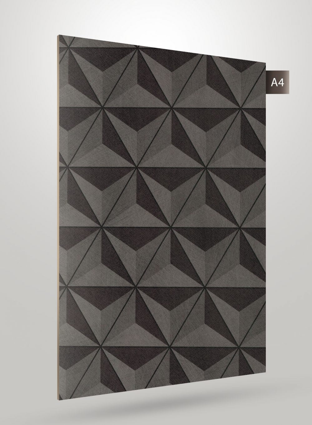 Geometric grey laminate sheet with matte finish and repeating triangular pattern in various shades of grey.