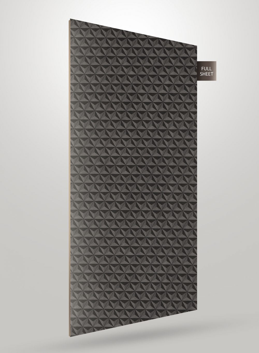 Matte grey laminate sheet with 3D geometric pattern and textured surface, labeled full sheet.