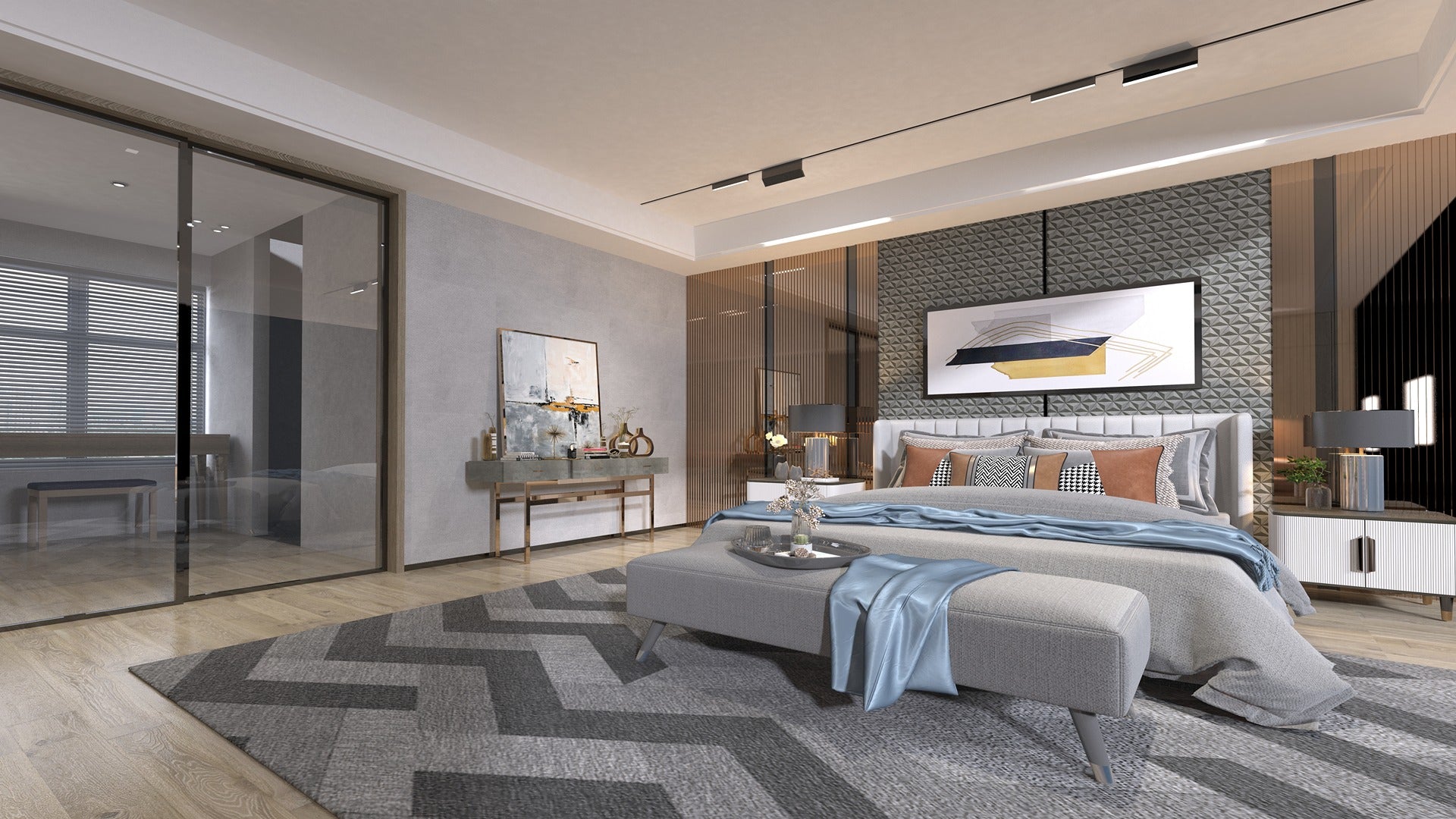 Modern bedroom interior with grey and blue tones, featuring patterned rug, bed with pillows, and abstract wall art.