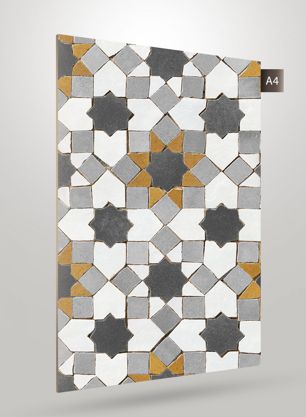 Multi-coloured geometric patterned laminate with matte finish, featuring white, grey, and gold shapes in a decorative design.