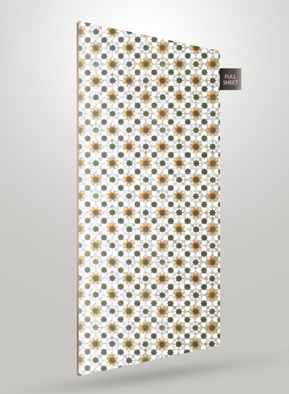 Multi-coloured geometric patterned laminate sheet with matte finish and star design visible on its surface.
