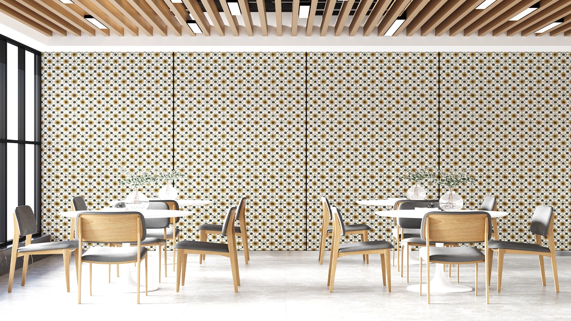 Multi-coloured geometric laminate wall with matte finish in a modern dining room setting with patterned decor panels.
