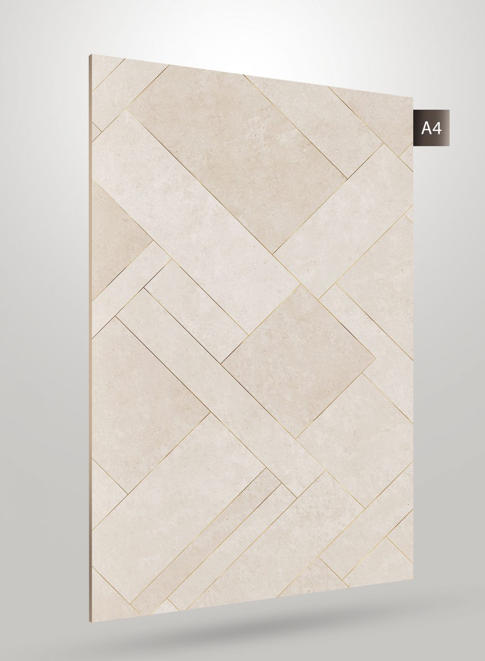 Beige stone laminate with diagonal herringbone pattern and matte finish