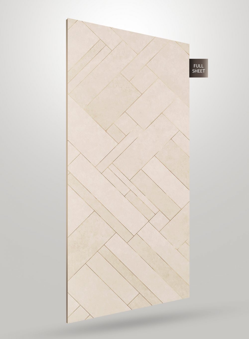 Beige herringbone pattern laminate with matte finish and diagonal stone tile design on full sheet surface.