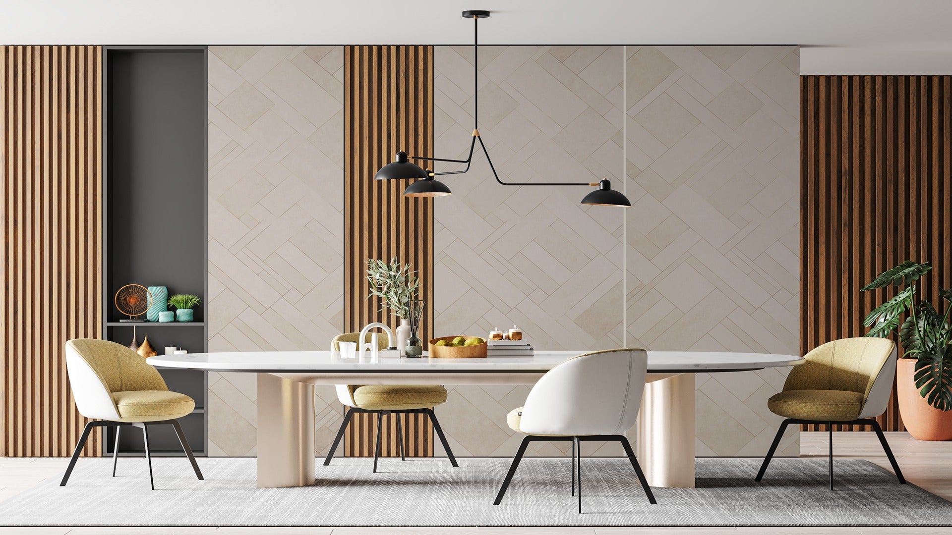 Beige herringbone laminate wall in modern dining room with wooden slats and minimalist decor.