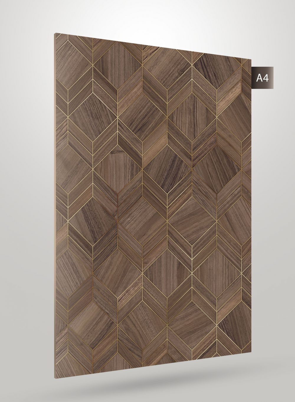 Brown geometric laminate with gold accents and wood grain texture, featuring a 3D hexagonal pattern design.
