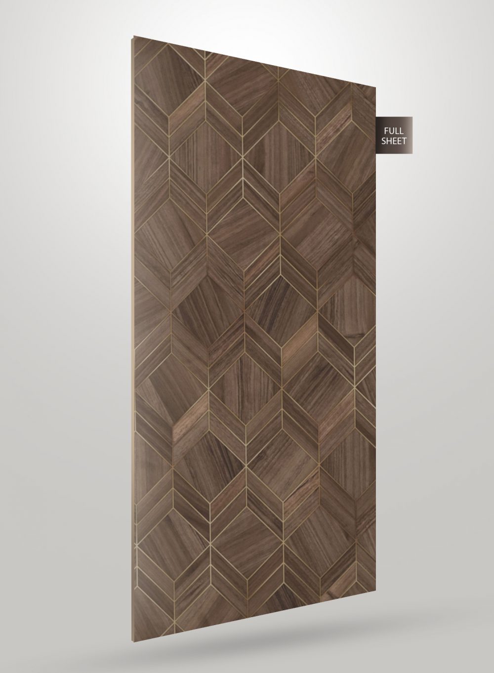 Brown geometric laminate with matte finish and gold accents showing a 3D hexagonal pattern on a full sheet.