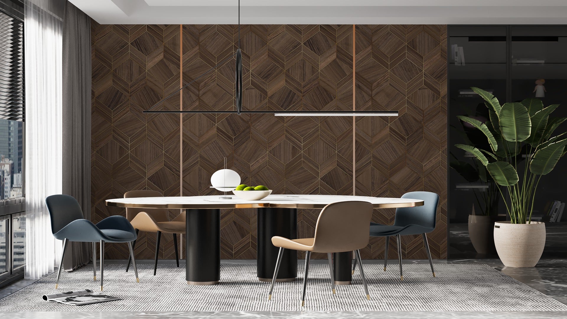 Brown geometric laminate wall with matte finish and gold accents in a modern dining room setting with furniture and decor