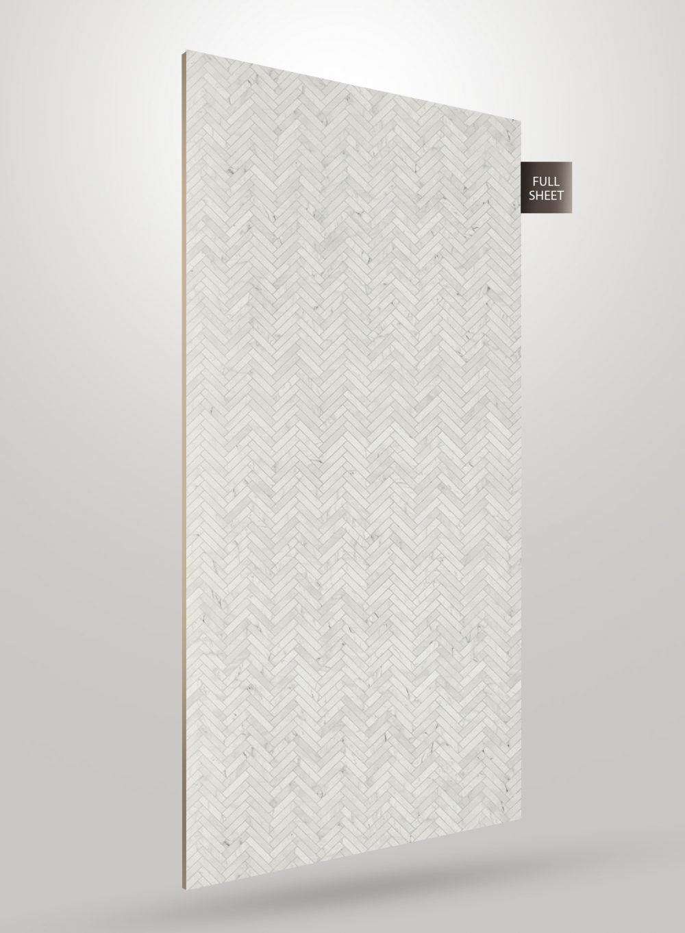 White herringbone pattern laminate sheet with marble texture and matte finish, displayed as full sheet.