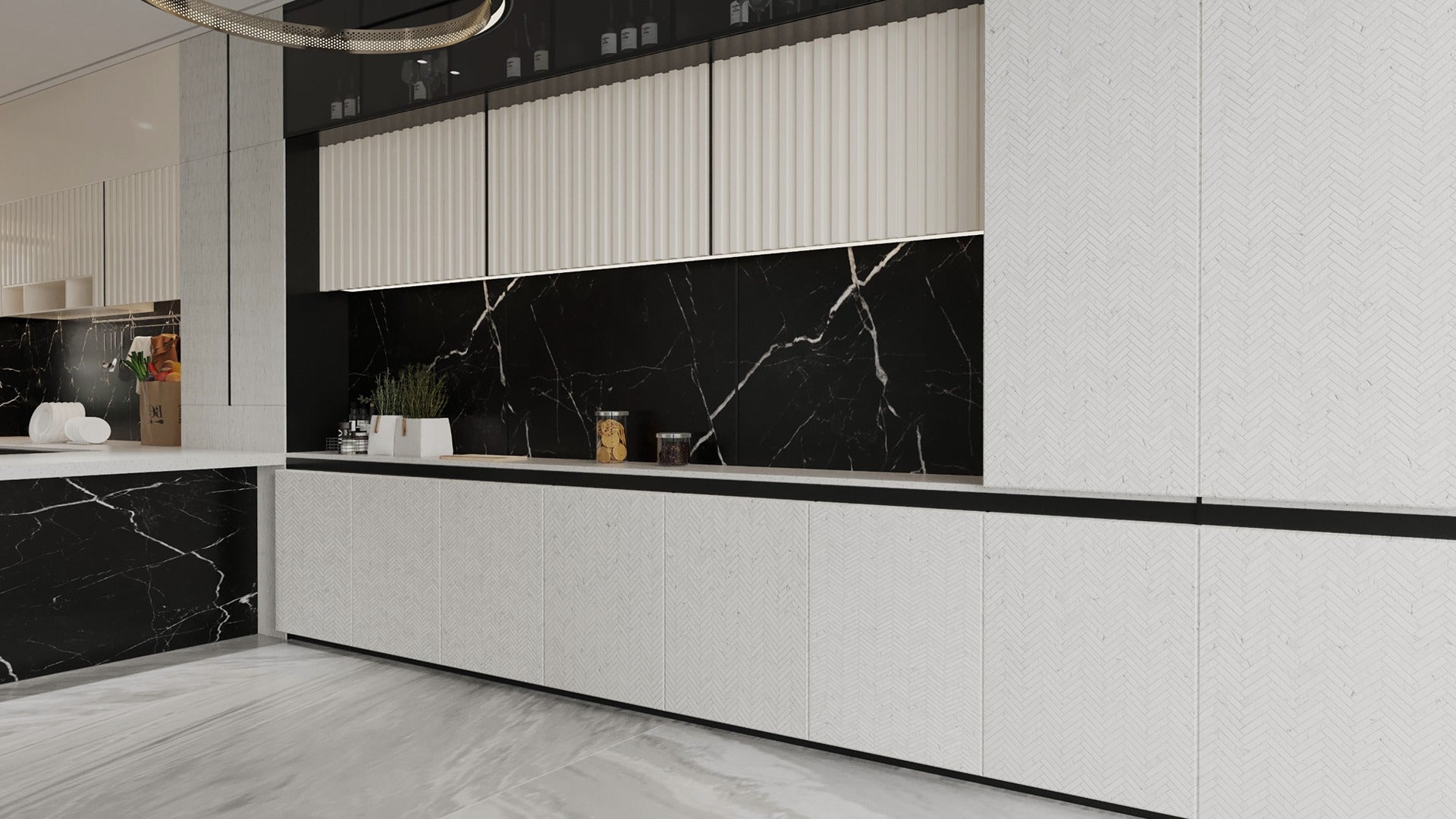 White laminate kitchen cabinets with herringbone pattern and black marble laminate backsplash with white veining in modern