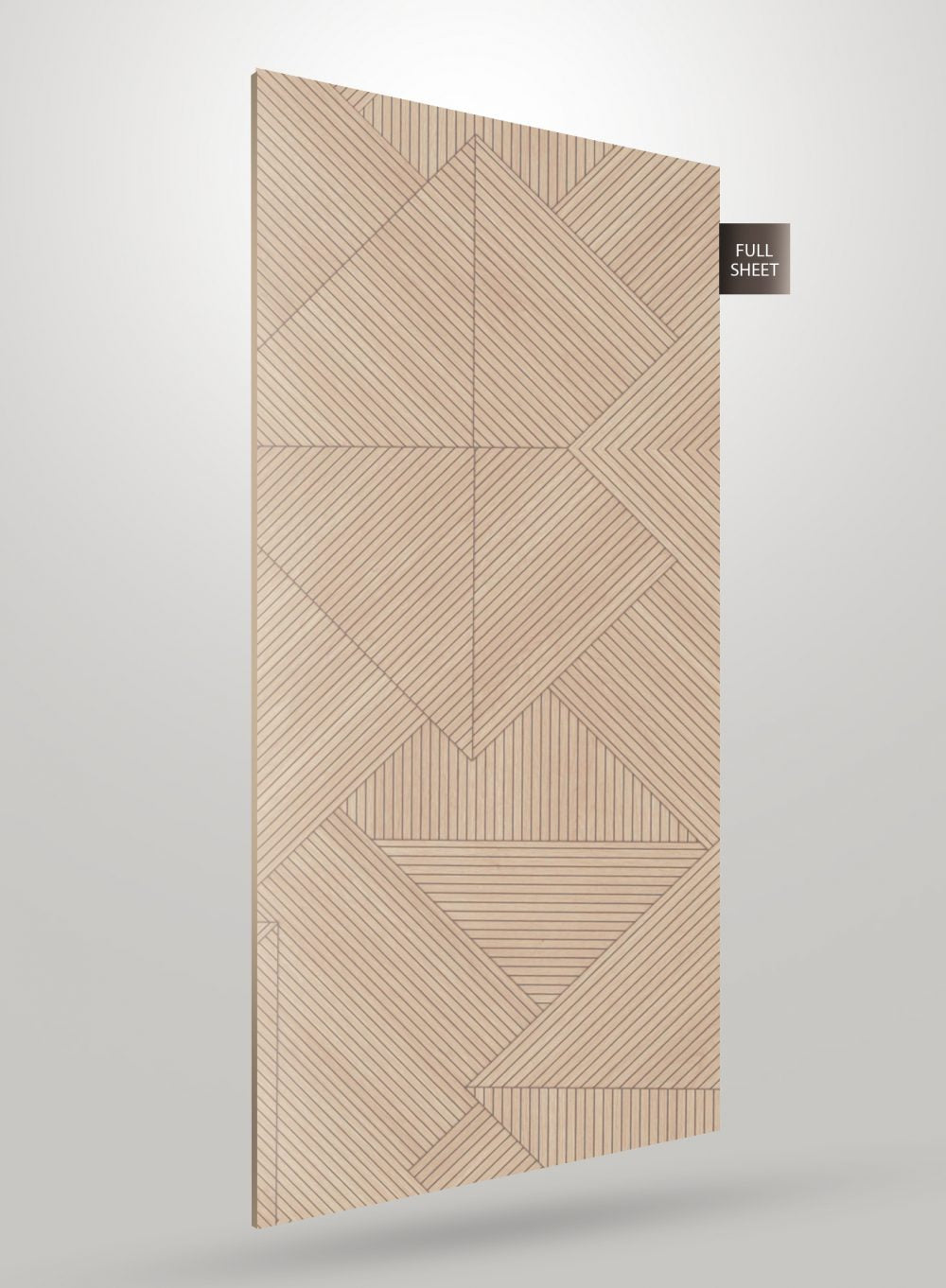 Beige geometric patterned laminate sheet with matte finish and diagonal striped design on a light gray background.