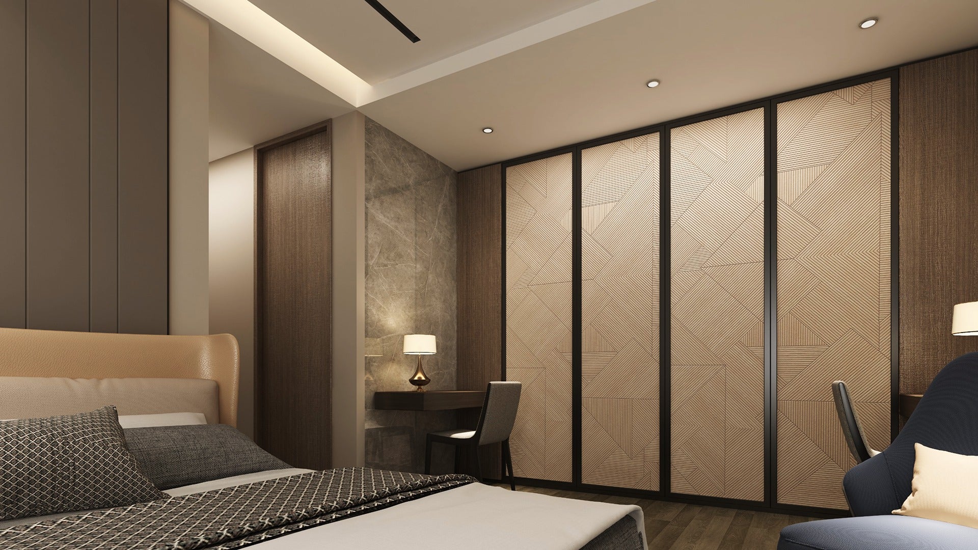 Beige geometric laminate wall with matte finish used in modern bedroom closet and wall panel design with dark wood accents