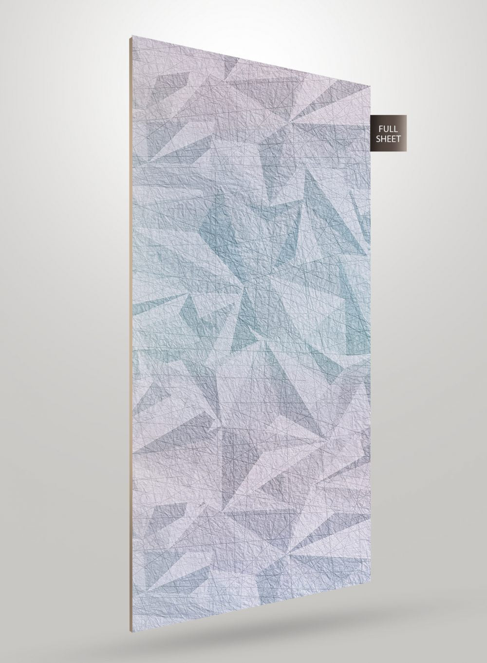 Multi-coloured matte leather laminate with abstract geometric pattern and textured finish on a full sheet display.