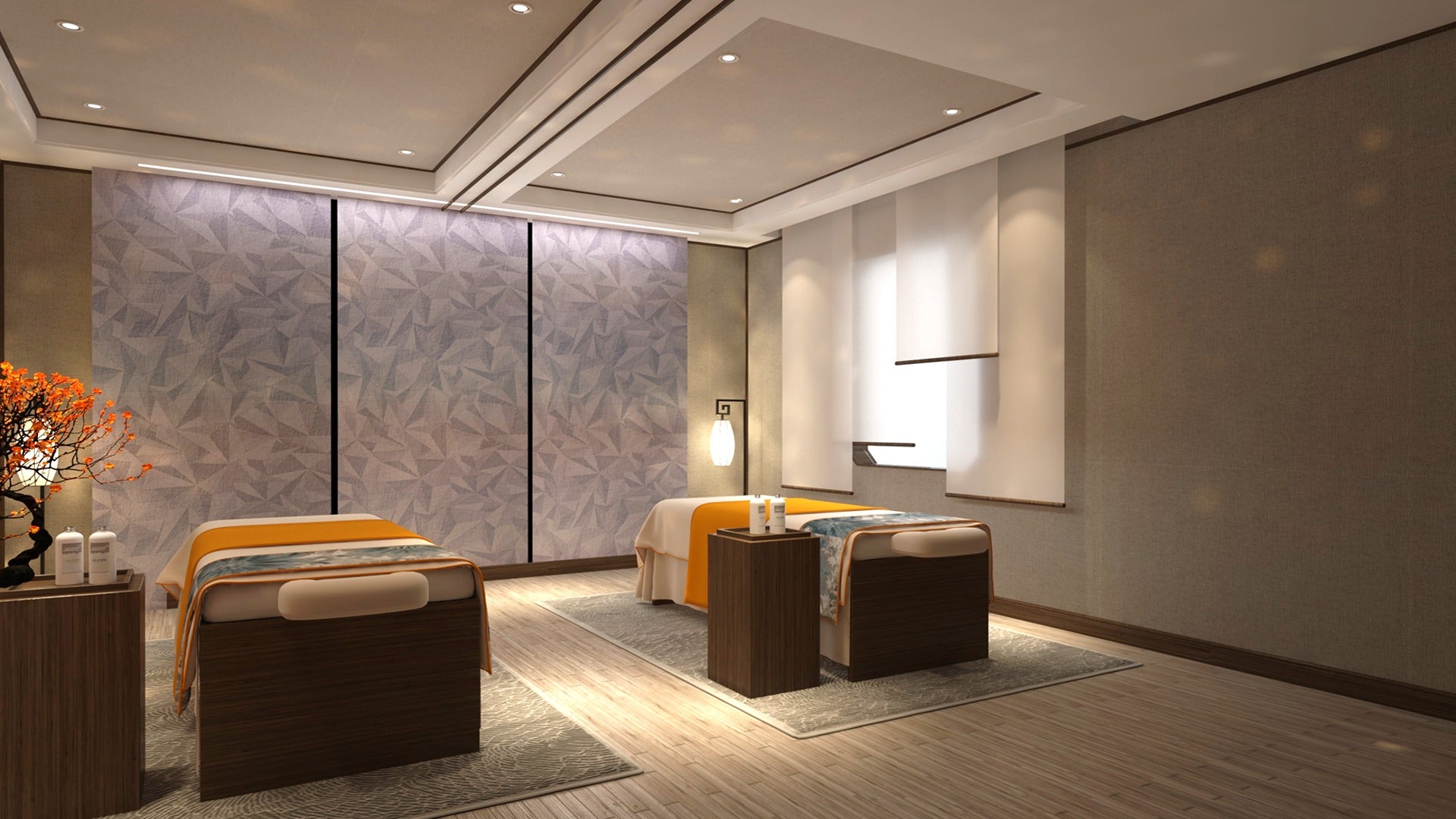 Matte leather laminate wall with geometric pattern in a serene spa room setting with soft lighting and massage beds