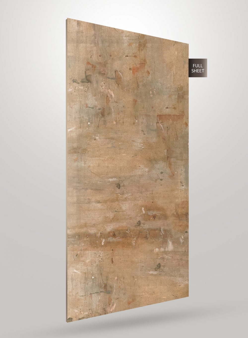 Brown marble laminate sheet with mottled pattern and matte finish, displayed at an angle with full sheet label.