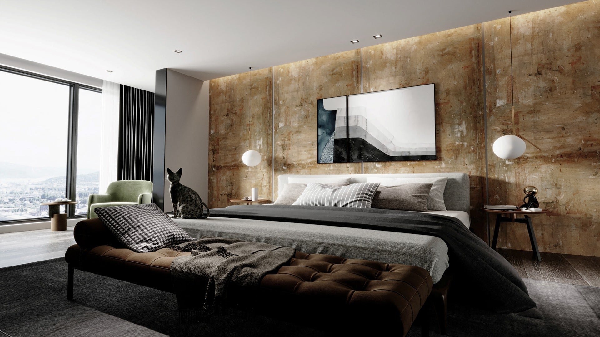 Brown marble laminate wall in modern bedroom with bed, nightstands and cat, featuring matte finish and stone pattern texture.