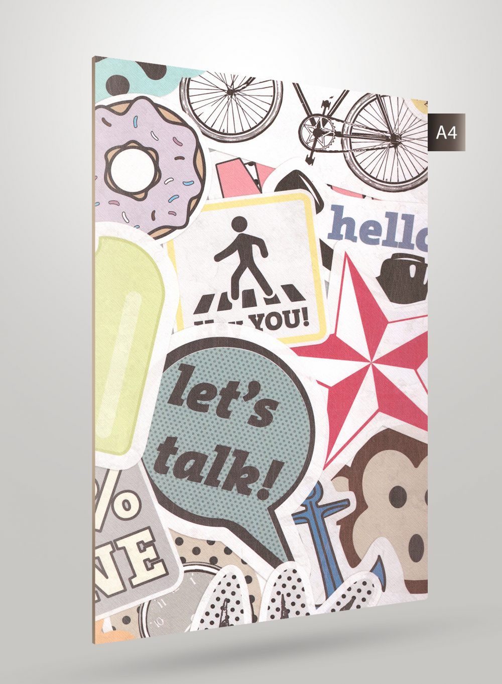 Multicolored patterned laminate with cartoon graphics and text, matte finish, decorative design for interior use.