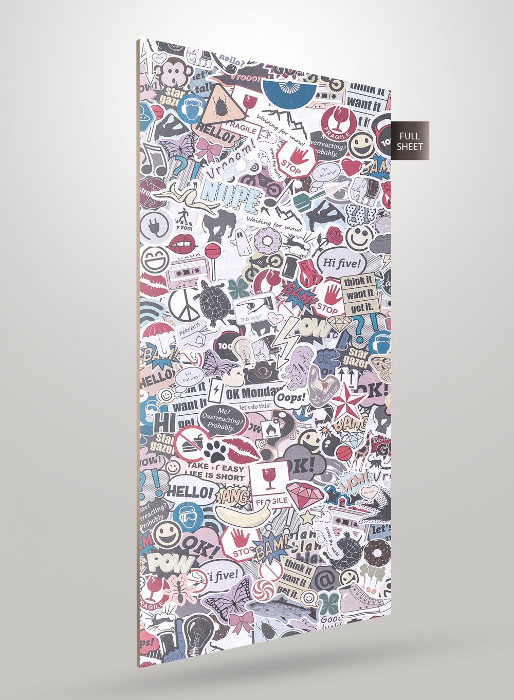 Multi-colour patterned laminate with cartoon stickers and text in matte finish, decorative laminate design for interior use