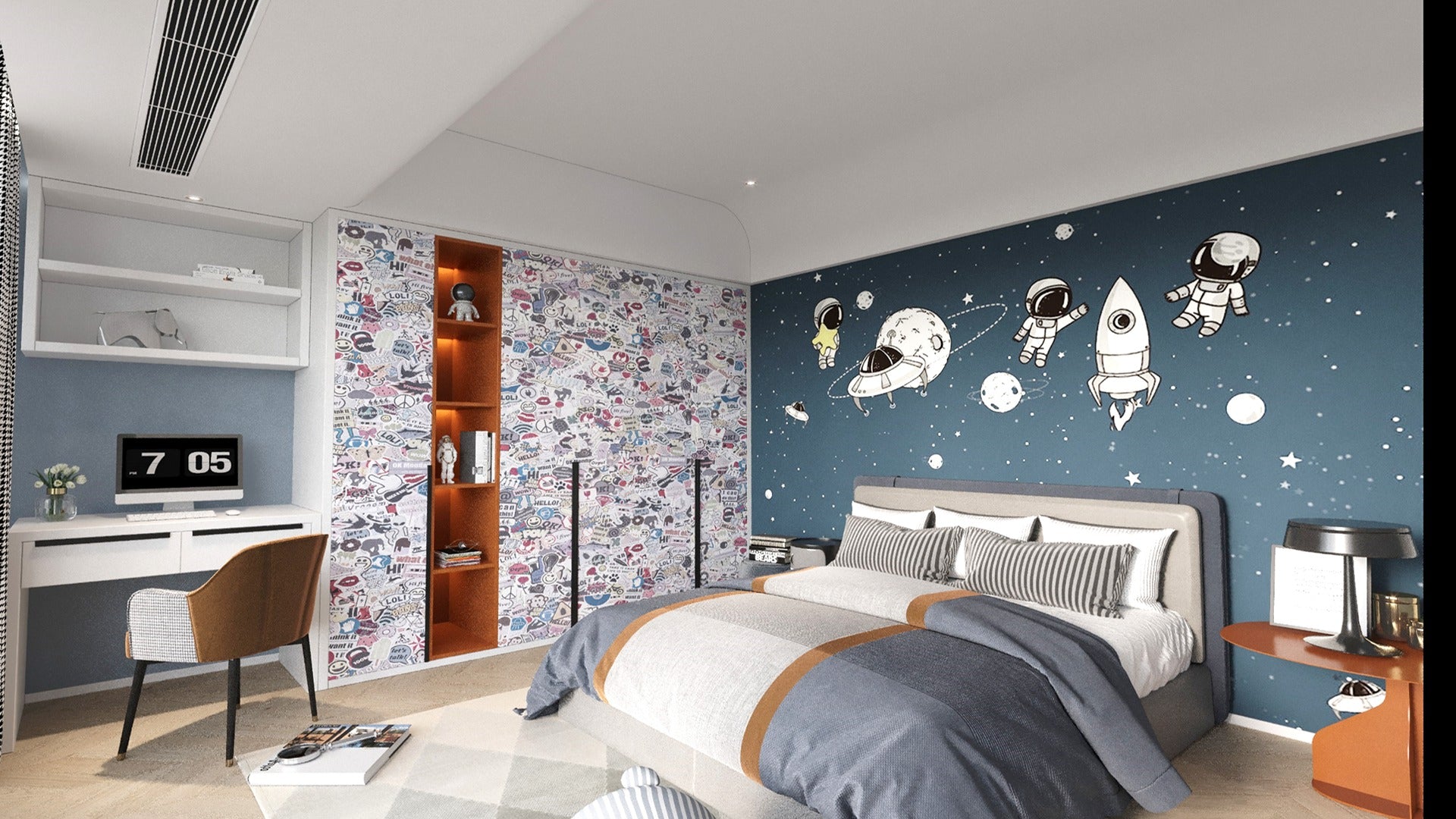 Multicolored cartoon patterned laminate wall in a child's bedroom with astronaut theme and striped bedding and furniture.