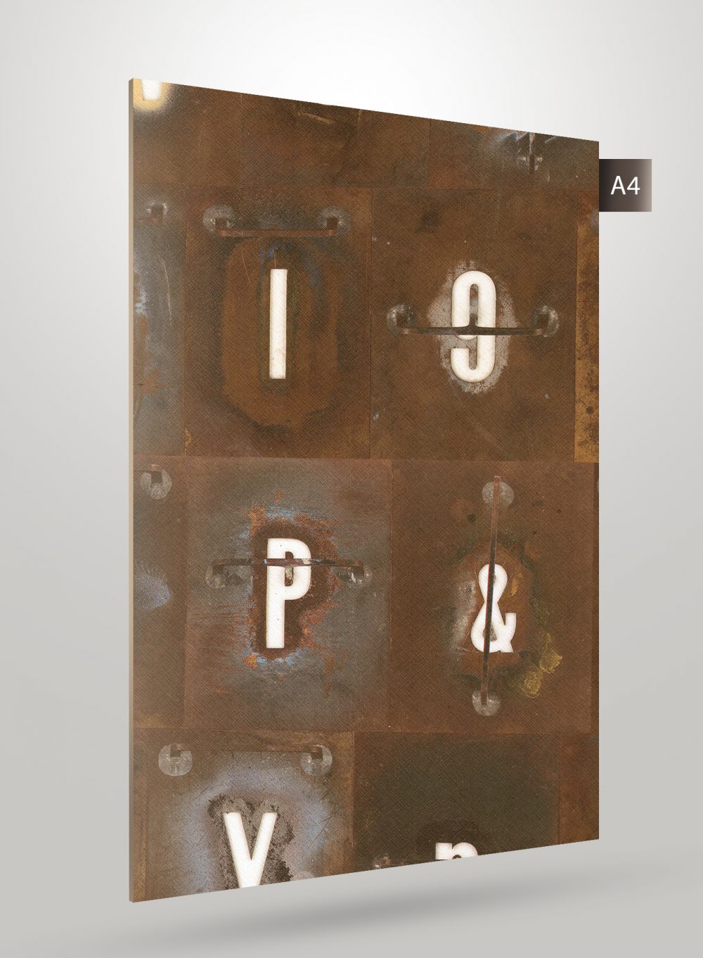 Brown patterned laminate with rusted metal design and white letters, matte finish, decorative interior material sample.