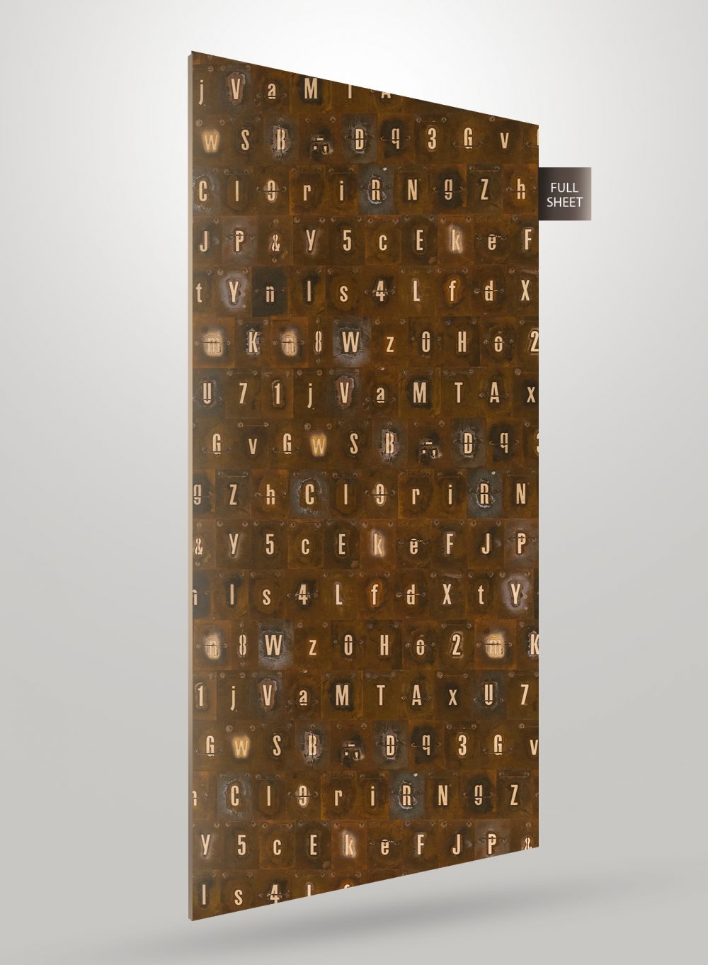 Brown matte laminate with typewriter key pattern and textured finish, showing letters and numbers in a grid design.