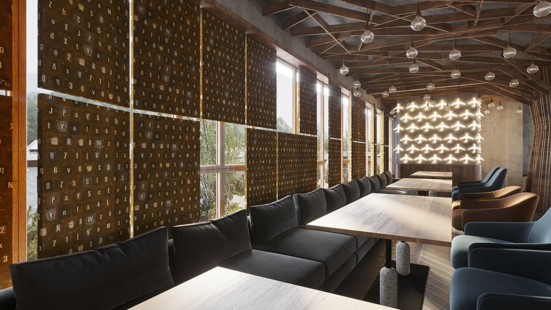 Brown patterned laminate with keyboard design on wall panels in a modern restaurant setting with sleek furniture and lighting