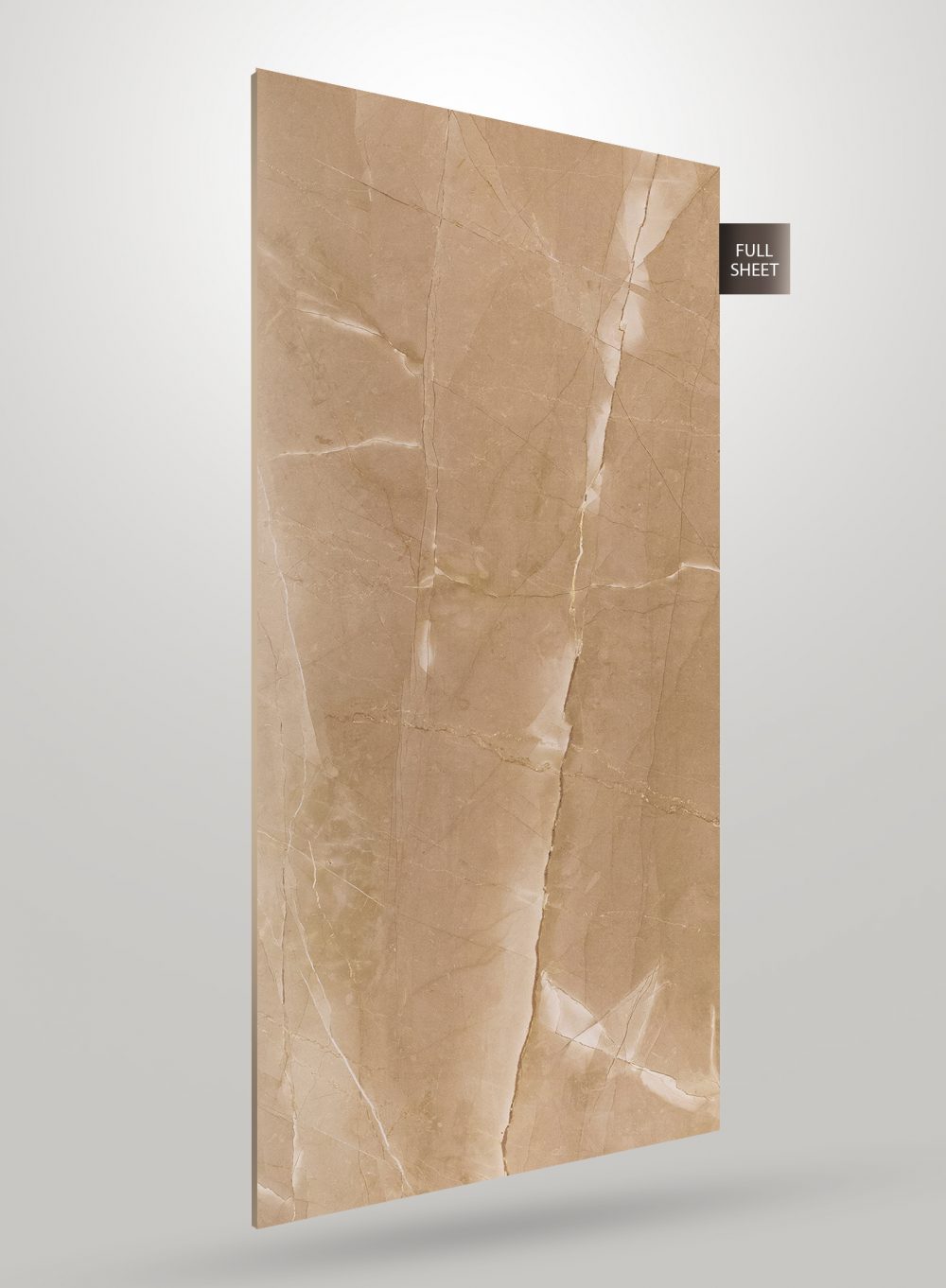 Beige marble laminate sheet with matte finish and veining pattern, shown at an angle with full sheet label.