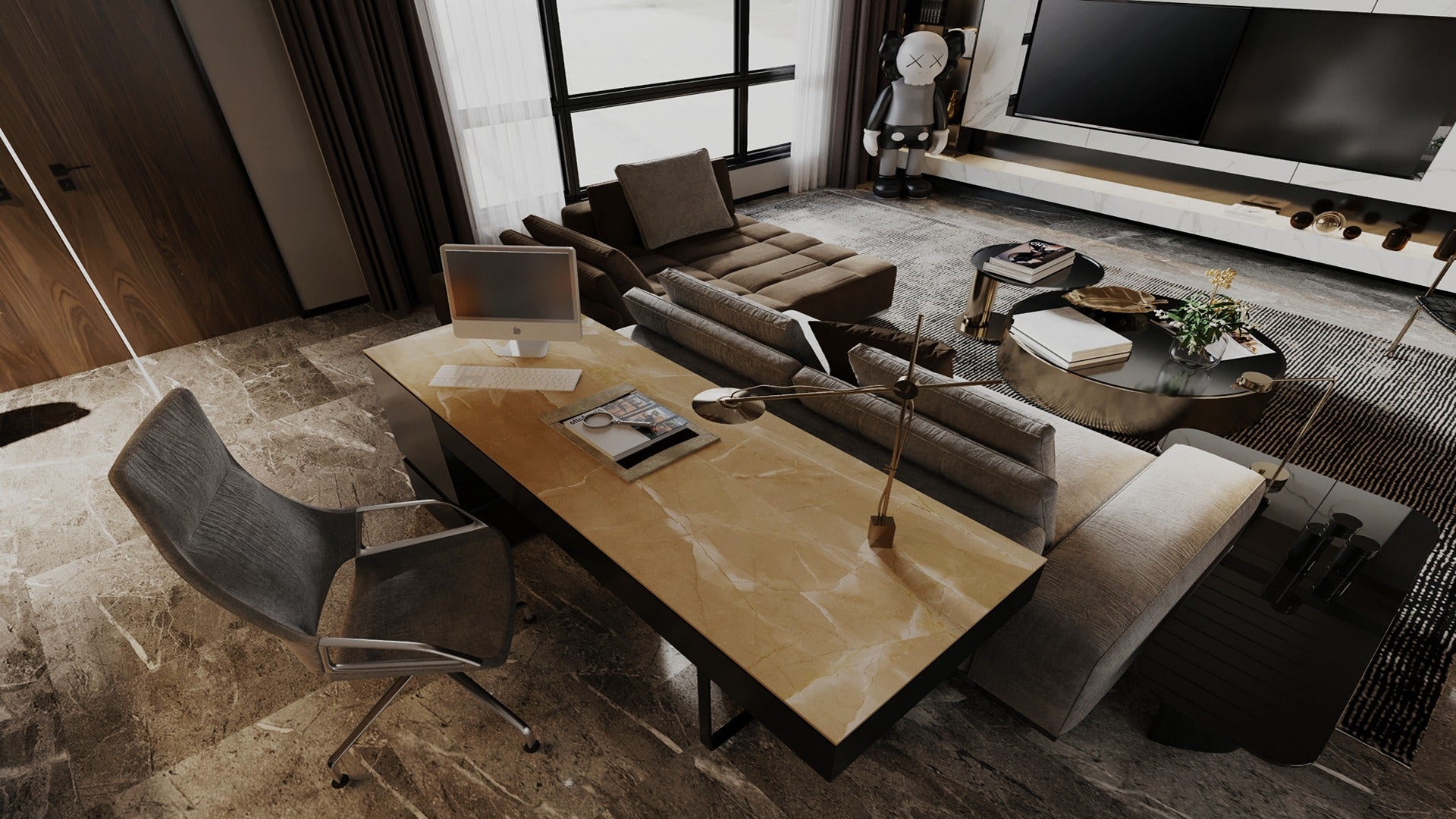 Beige marble laminate used on furniture and floor in a modern living room with minimalist decor and matte finish.